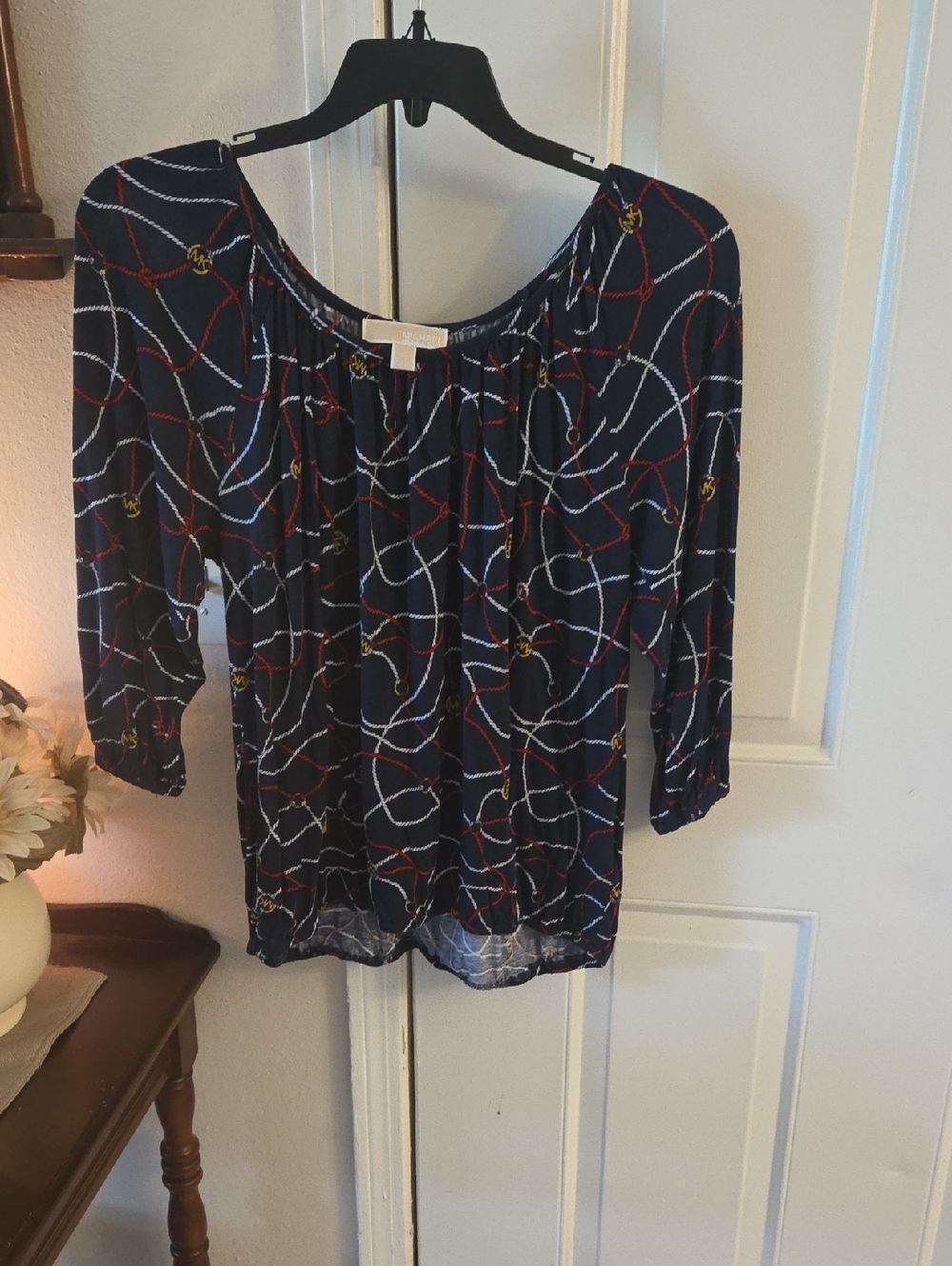 Michael Kors Navy Rope-Print Peasant Top with Red & White Accents Sz Xl